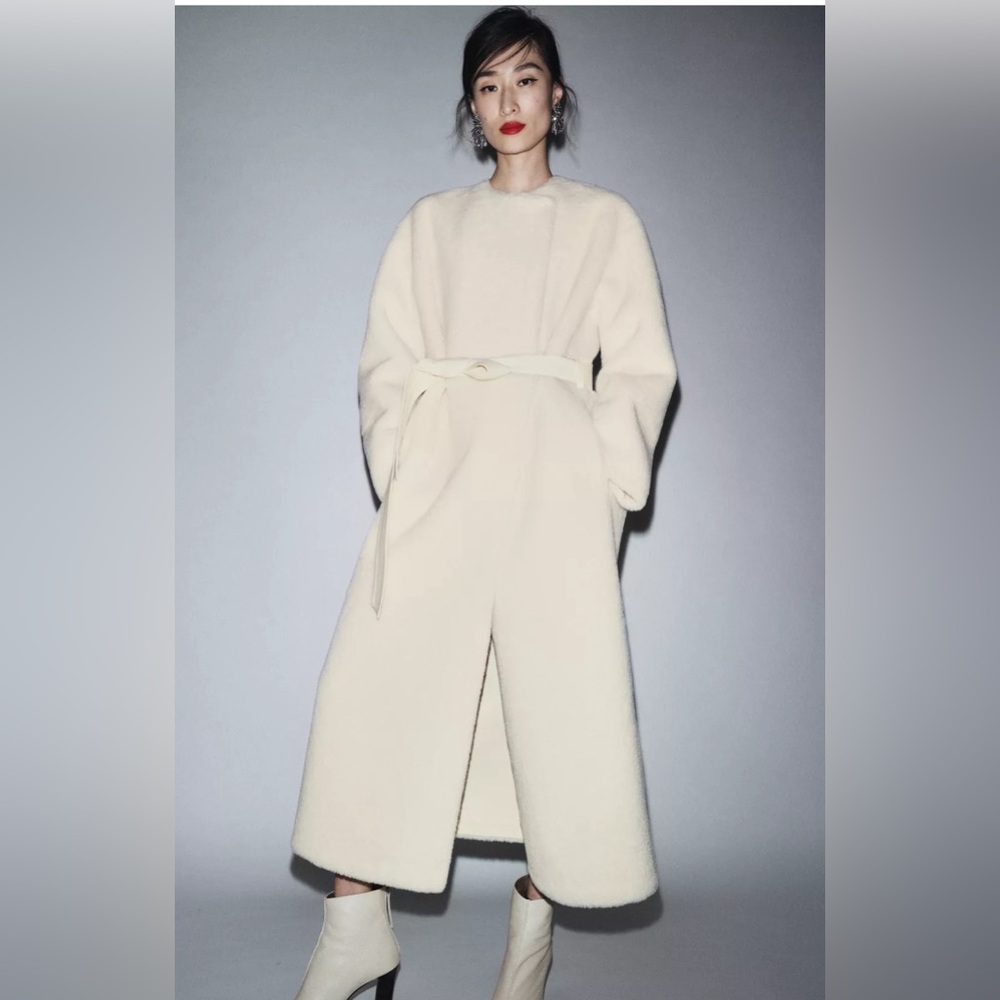 Zara ZW Limited Edition Elegant Cream Long Coat Faux Fur Coat NWT